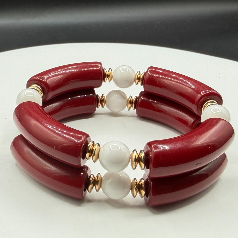 2 Pc Red Double Strand Stretch Bracelet White Bead Statement Boho Gift Set